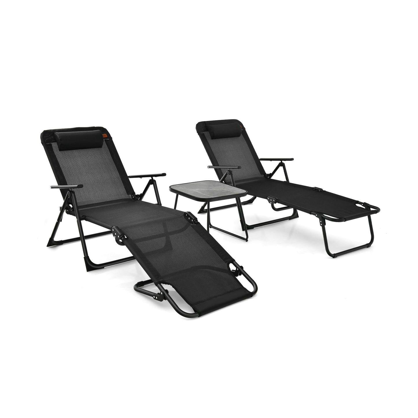 Juego de tumbonas plegables de patio de 3 piezas con mesa de PVC - Negro