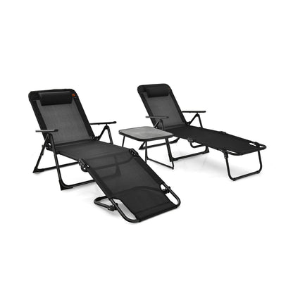 Juego de tumbonas plegables de patio de 3 piezas con mesa de PVC - Negro