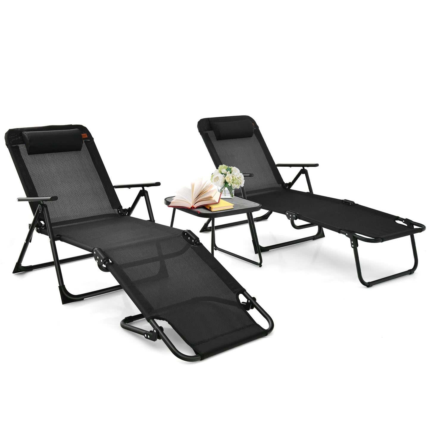 Juego de tumbonas plegables de patio de 3 piezas con mesa de PVC - Negro