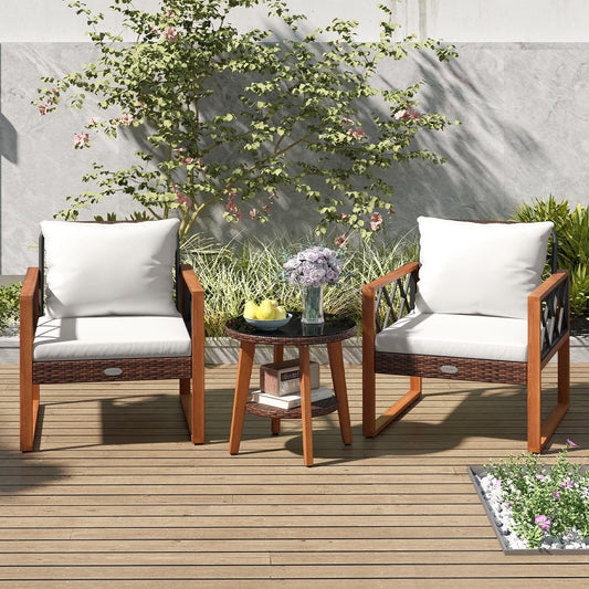 3 Pieces Patio Furniture Set with Tempered Glass Top Table and Soft Cushions-Off White - Tampa Home & Garden Store