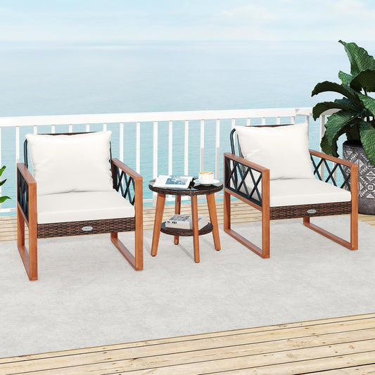 3 Pieces Patio Furniture Set with Tempered Glass Top Table and Soft Cushions-Off White - Tampa Home & Garden Store