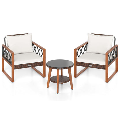 3 Pieces Patio Furniture Set with Tempered Glass Top Table and Soft Cushions-Off White