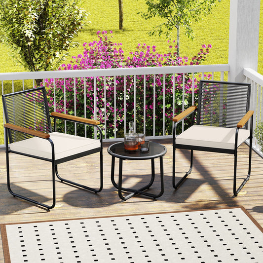 3 Pieces Patio Furniture Set PE Rattan Porch Chairs with Round Tempered Glass Top Table-White - Tampa Home & Garden Store