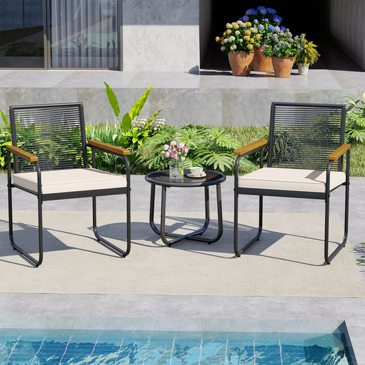 3 Pieces Patio Furniture Set PE Rattan Porch Chairs with Round Tempered Glass Top Table-White - Tampa Home & Garden Store
