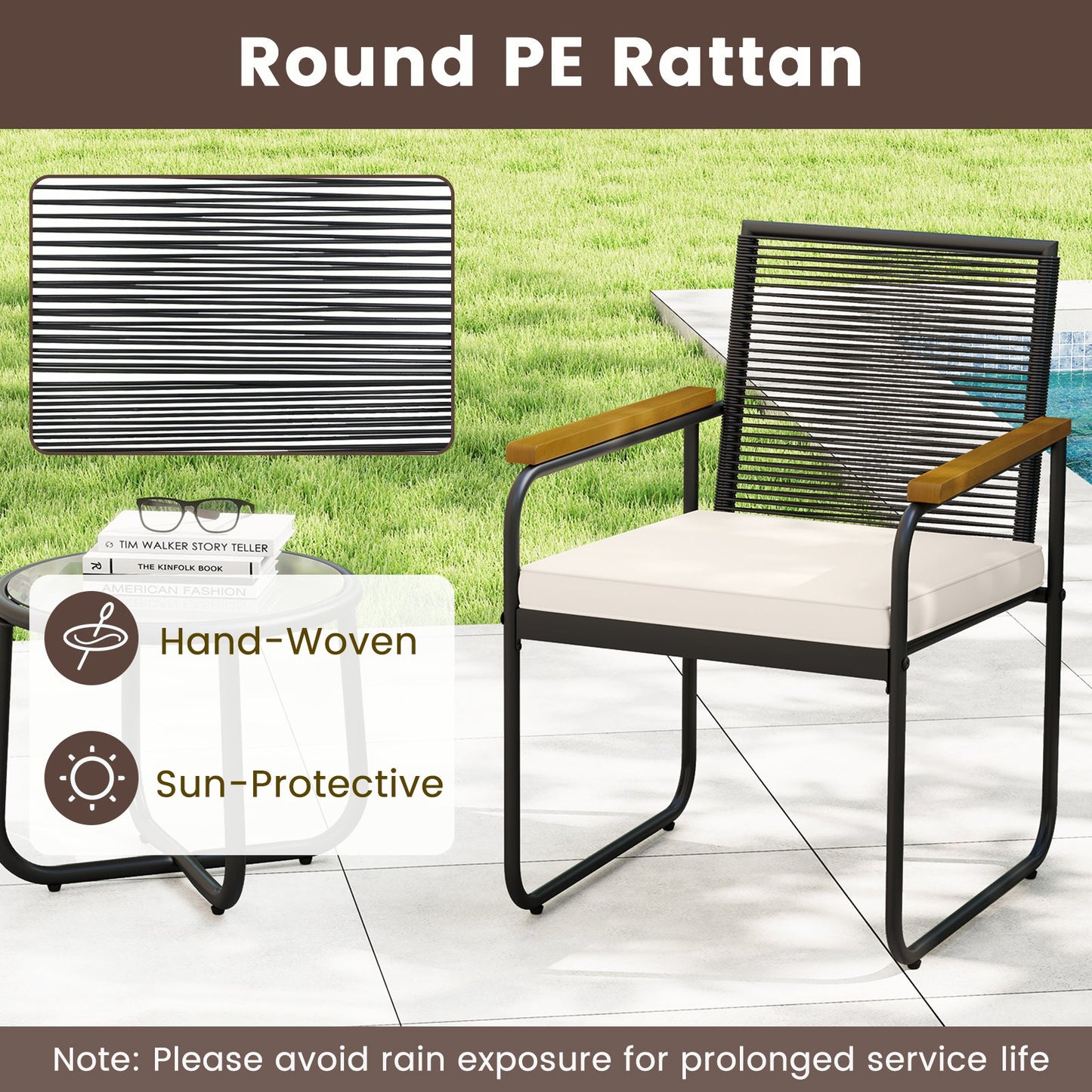 3 Pieces Patio Furniture Set PE Rattan Porch Chairs with Round Tempered Glass Top Table-White
