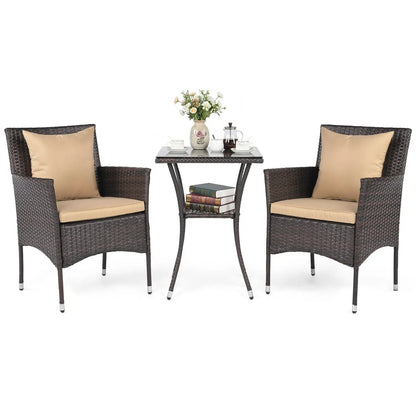 3 Pieces Patio Furniture Set with Cushioned Patio Chairs and Tempered Glass Coffee Table-Brown