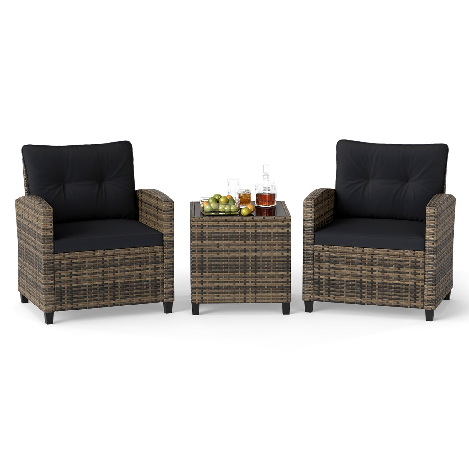 3-Piece Patio Conversation Set with Tempered Glass Table, wicker cushions, 2 chairs + table on Tampa Home & Garden Store