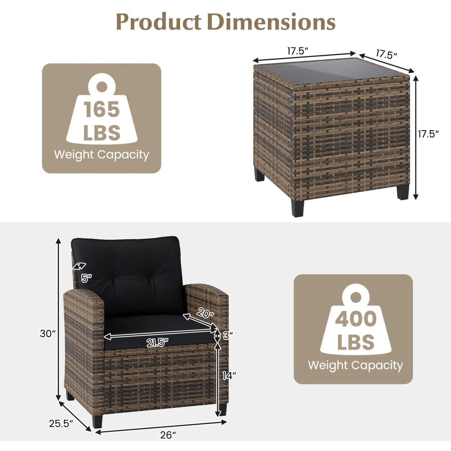 3-Piece Patio Conversation Set with Glass Table by DirectDeals, brown wicker, 165 lbs capacity on Tampa Home & Garden Store