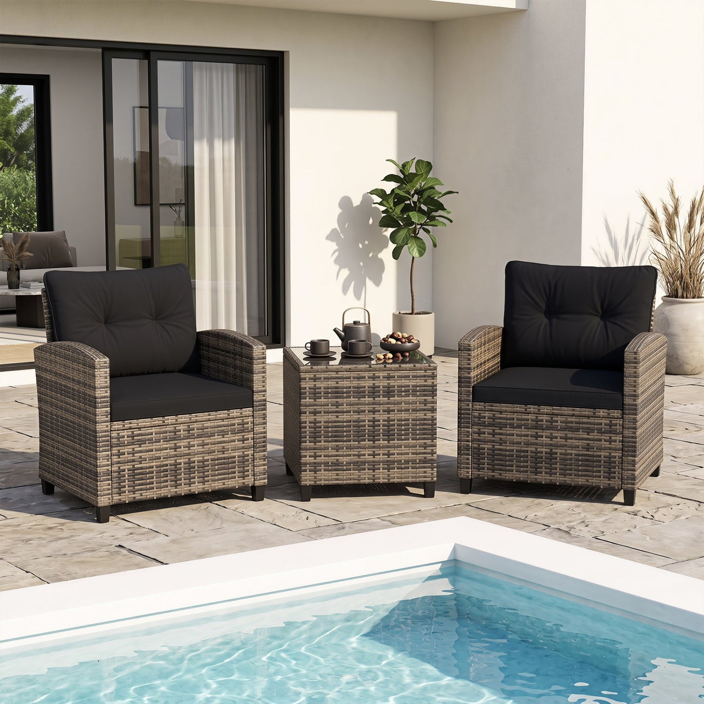 DirectDeals 3-Piece patio set with tempered glass table, wicker, black cushions, two chairs on Tampa Home & Garden Store