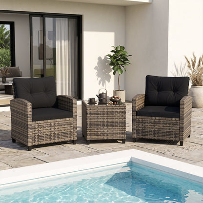 DirectDeals 3-Piece patio set with tempered glass table, wicker, black cushions, two chairs on Tampa Home & Garden Store