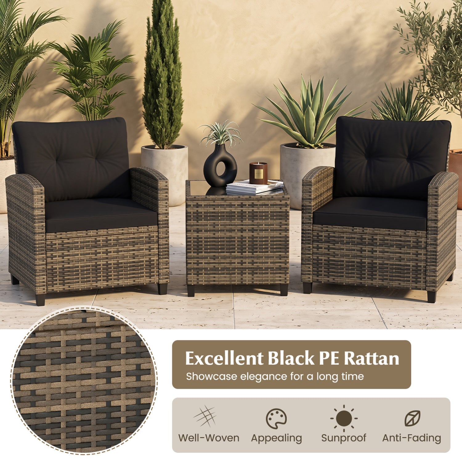 3-Piece Patio Conversation Set with Tempered Glass Table DirectDeals; two black cushioned chairs on Tampa Home & Garden Store