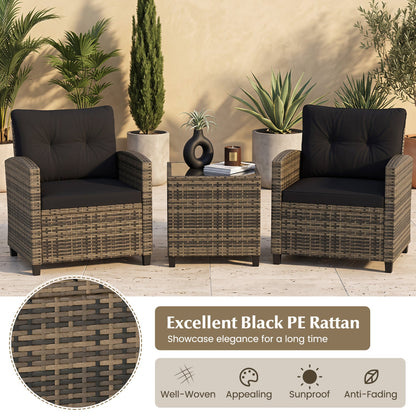 3-Piece Patio Conversation Set with Tempered Glass Table DirectDeals; two black cushioned chairs on Tampa Home & Garden Store