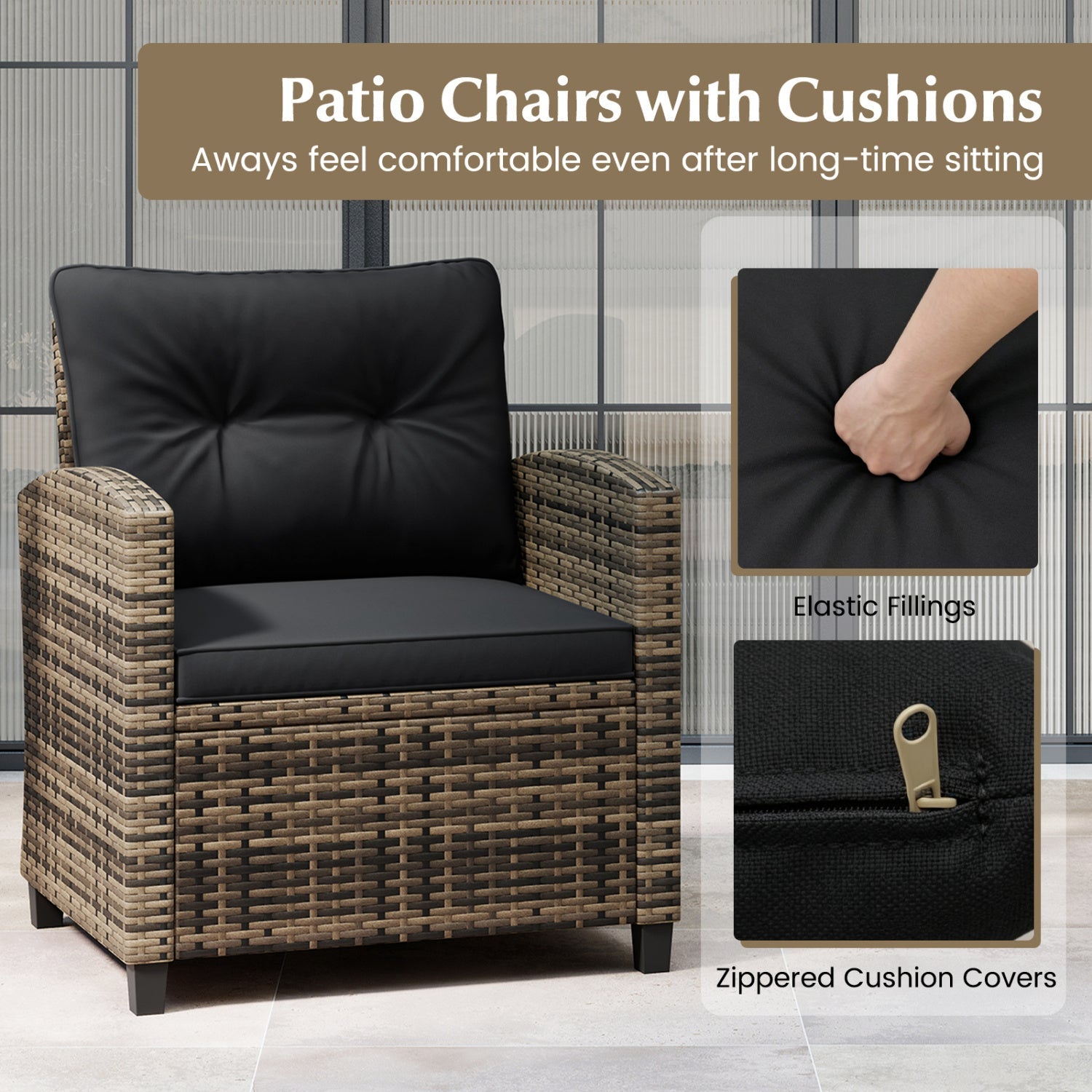 3-Piece Patio Conversation Set with tempered glass table, brown wicker frame and black cushions on Tampa Home & Garden Store
