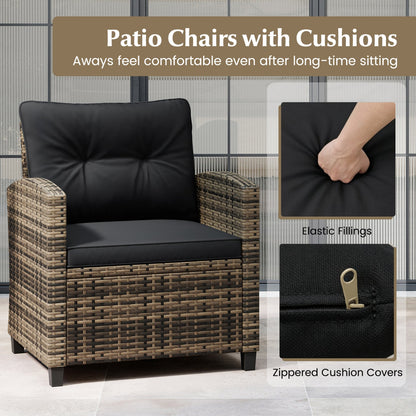 3-Piece Patio Conversation Set with tempered glass table, brown wicker frame and black cushions on Tampa Home & Garden Store