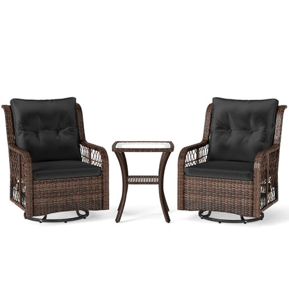 3 Pieces Patio Furniture Set PE Wicker Swivel Glider Chairs with 2-Tier Side Table and Cushions-Brown