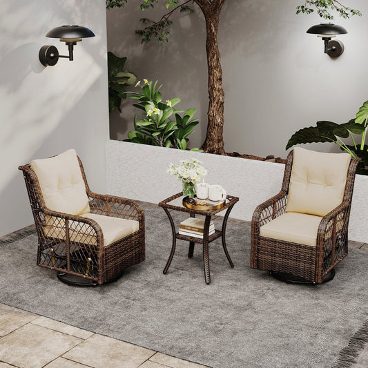 3 Pieces Patio Furniture Set PE Wicker Swivel Glider Chairs with 2-Tier Side Table and Cushions-Brown - Tampa Home & Garden Store