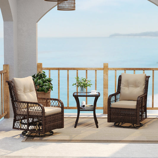 3 Pieces Patio Furniture Set PE Wicker Swivel Glider Chairs with 2-Tier Side Table and Cushions-Brown - Tampa Home & Garden Store