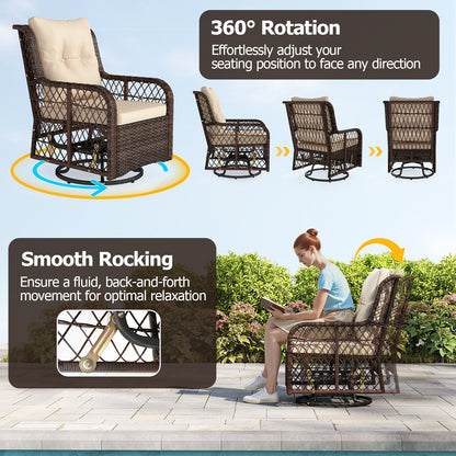 3 Pieces Patio Furniture Set PE Wicker Swivel Glider Chairs with 2-Tier Side Table and Cushions-Brown