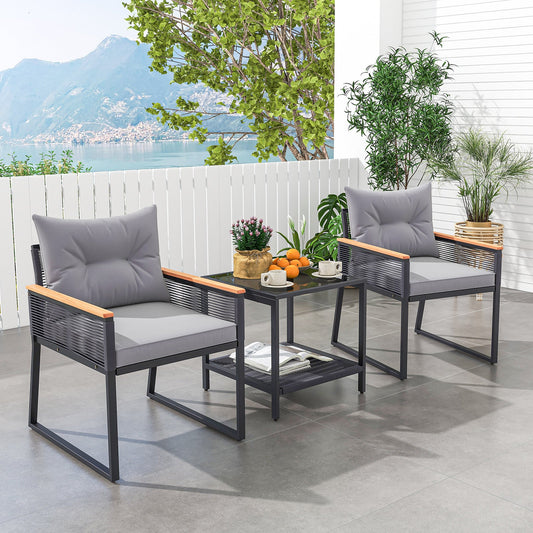 3 Pieces Patio Furniture Set with 2 Tier Coffee Table and Soft Seat Cushions-Gray - Tampa Home & Garden Store