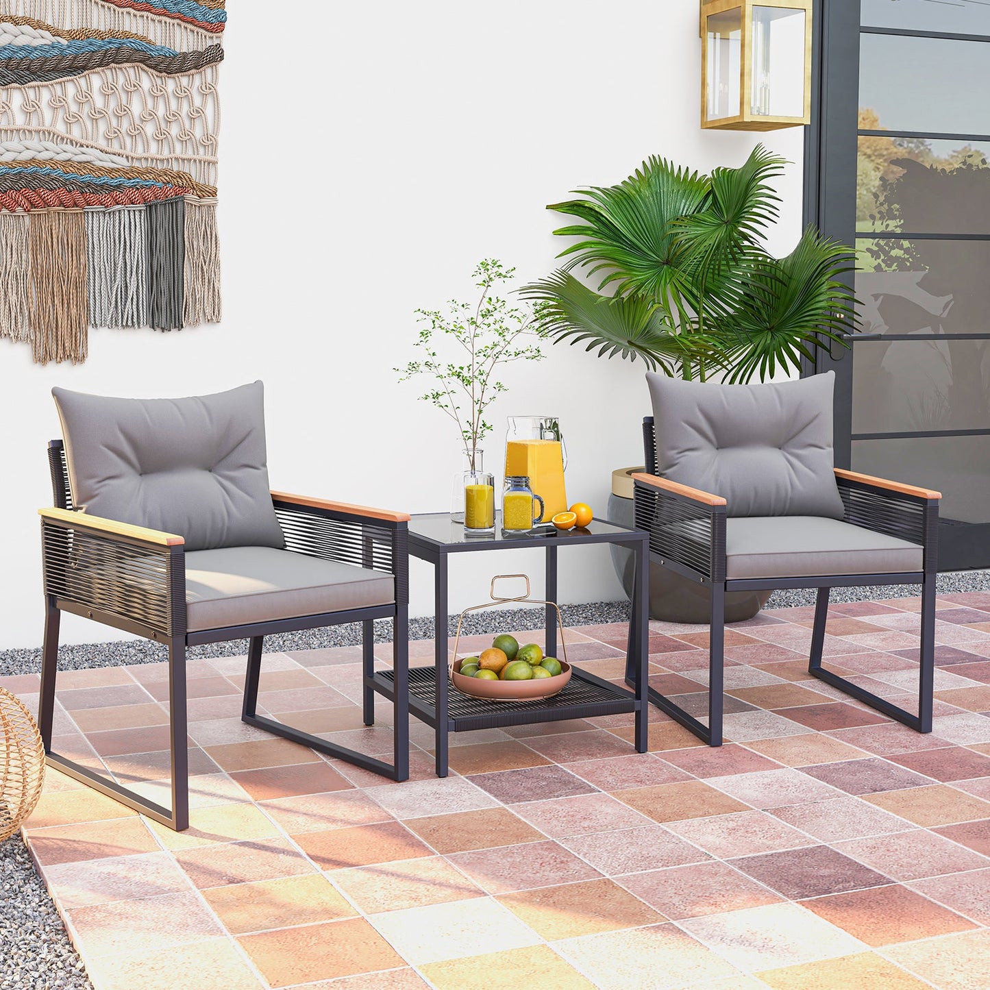 Juego de Muebles de Patio de 3 Piezas con Mesa de Centro de 2 Niveles y Cojines de Asiento Suaves - Gris