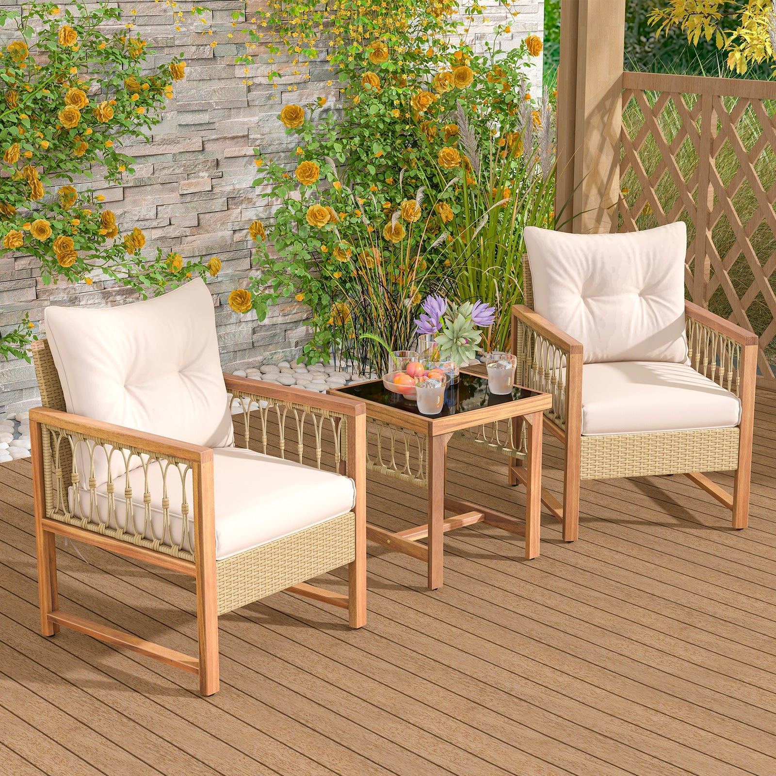 3-piece patio set with acacia wood frame and beige cushions, two armchairs and glass-top table on Tampa Home & Garden Store