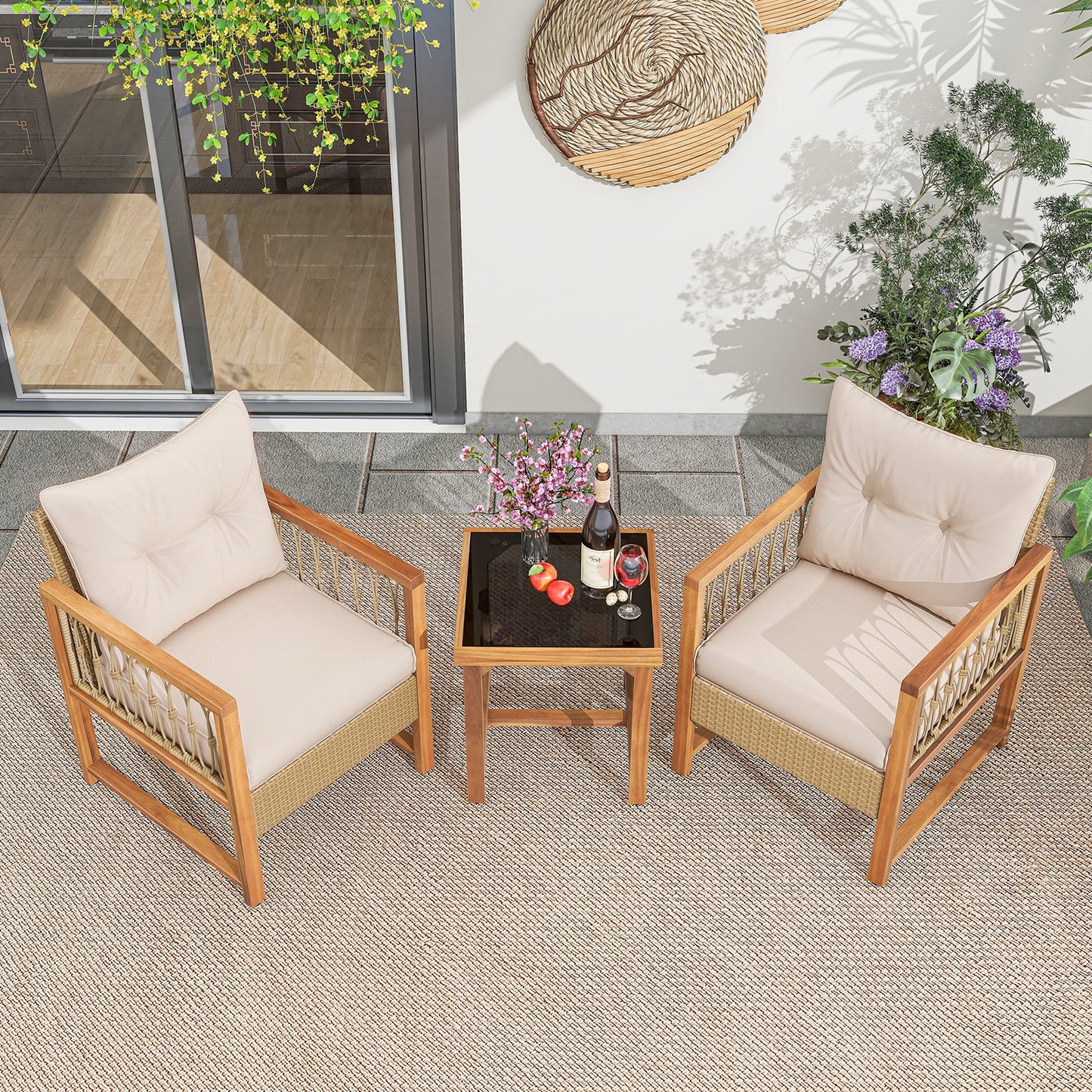 3 Piece Patio Furniture Set with Acacia Wood Frame Brown Cushions DirectDeals on Tampa Home & Garden Store
