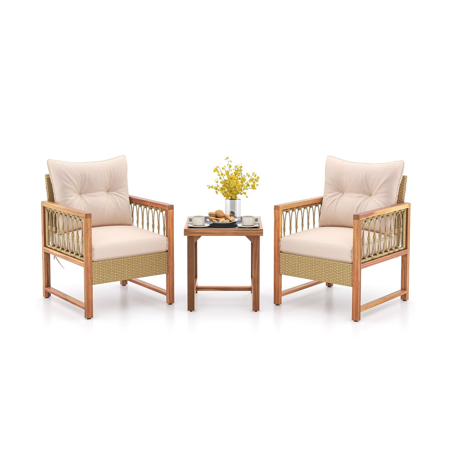 3-Piece Patio Set with Acacia Wood Frame and beige cushions; two armchairs and a small table on Tampa Home & Garden Store
