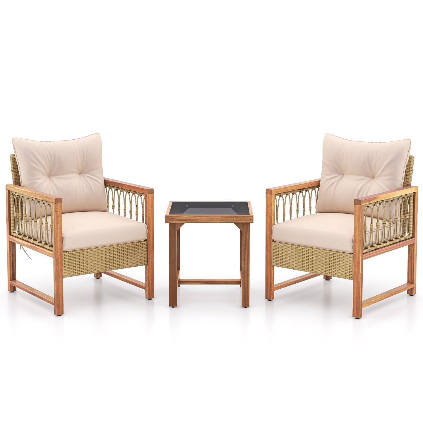 3-Piece Patio Set with Acacia Wood Frame and Brown Cushions; two chairs and glass-top table on Tampa Home & Garden Store