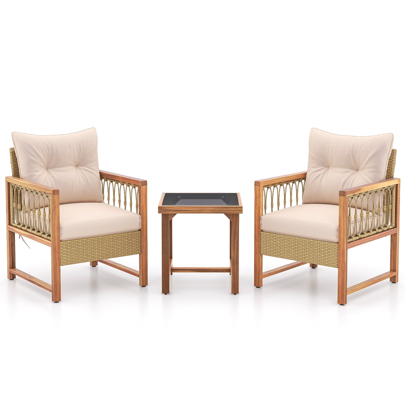 3-Piece Patio Set with Acacia Wood Frame and Brown Cushions; two chairs and glass-top table on Tampa Home & Garden Store