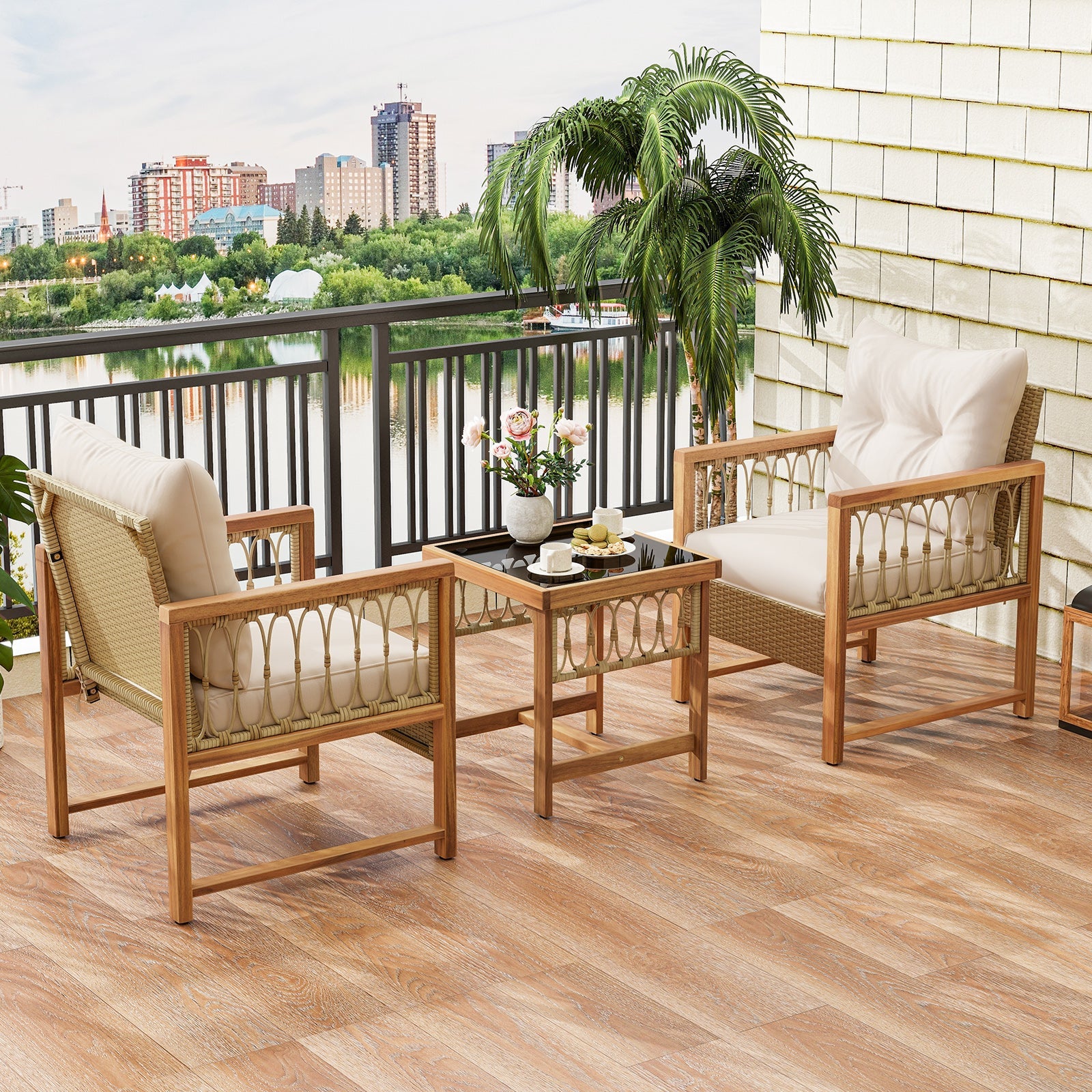 3-piece patio furniture set with brown acacia frames and beige cushions DirectDeals on Tampa Home & Garden Store