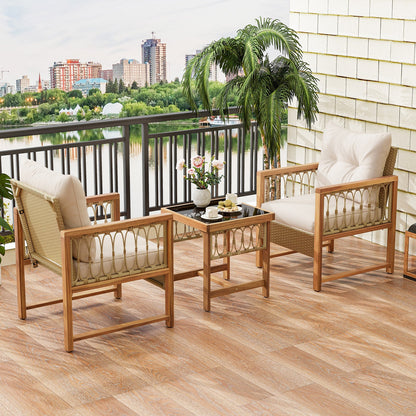 3-piece patio furniture set with brown acacia frames and beige cushions DirectDeals on Tampa Home & Garden Store