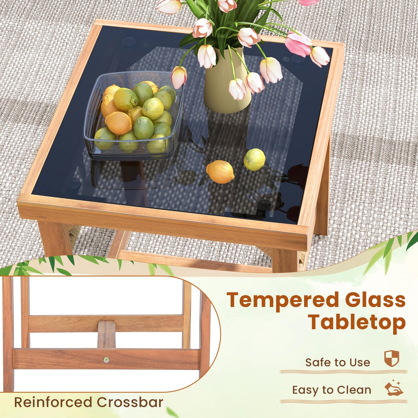 3-Piece patio furniture set with acacia wood frame brown cushions tempered glass tabletop on Tampa Home & Garden Store