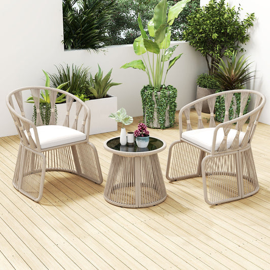 3 Pieces Patio Leisure Chair Set with Rope-Woven Armchairs and Seat Cushions-Off White - Tampa Home & Garden Store