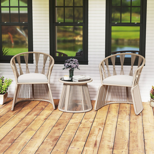 3 Pieces Patio Leisure Chair Set with Rope-Woven Armchairs and Seat Cushions-Off White - Tampa Home & Garden Store