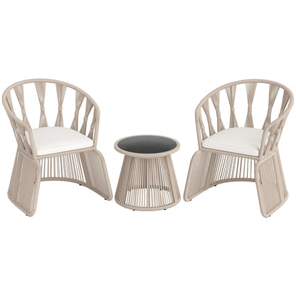 3 Pieces Patio Leisure Chair Set with Rope-Woven Armchairs and Seat Cushions-Off White