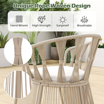 3 Pieces Patio Leisure Chair Set with Rope-Woven Armchairs and Seat Cushions-Off White