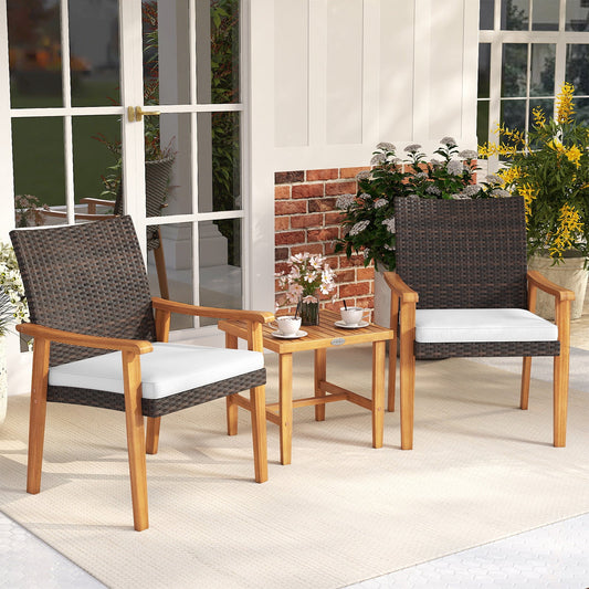 3 Pieces Patio PE Wicker Furniture Set Acacia Wood Outdoor Conversation Bistro Set-White - Tampa Home & Garden Store