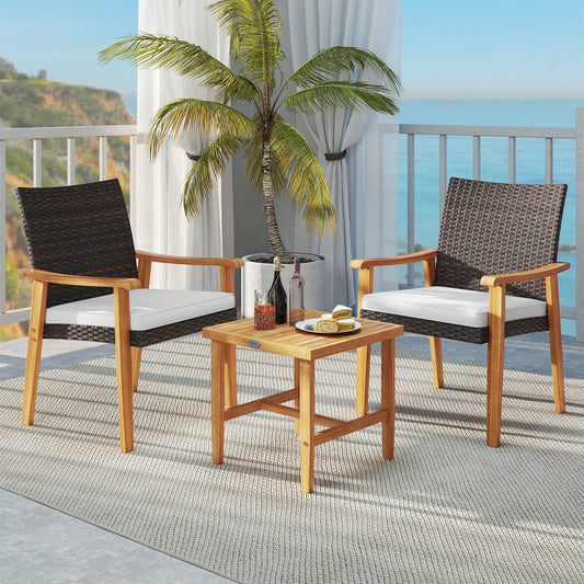 3 Pieces Patio PE Wicker Furniture Set Acacia Wood Outdoor Conversation Bistro Set-White - Tampa Home & Garden Store