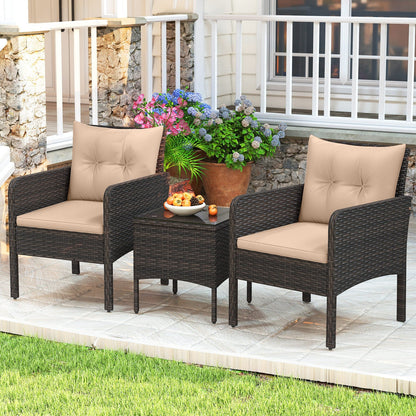 3 Pieces Patio PE Wicker Furniture Set with Cushions for Porch and Balcony
