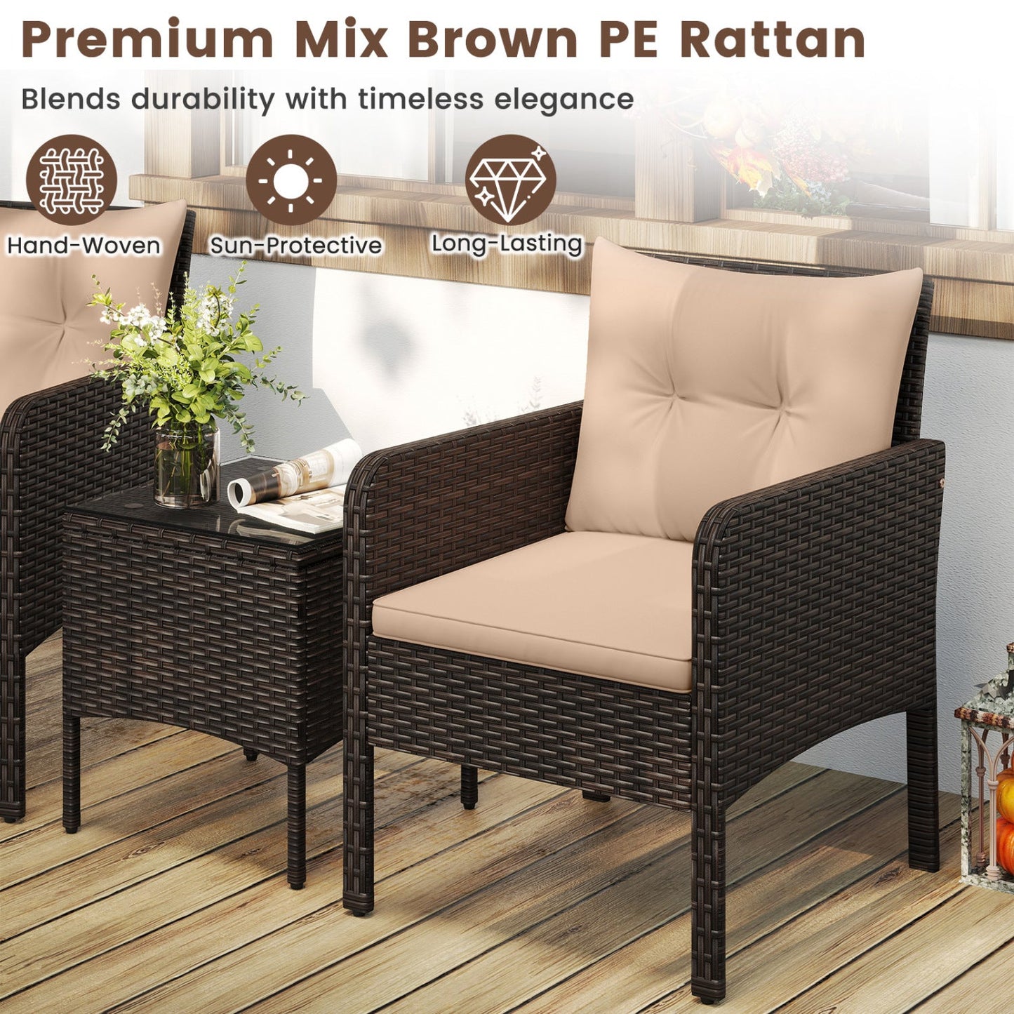 3 Pieces Patio PE Wicker Furniture Set with Cushions for Porch and Balcony
