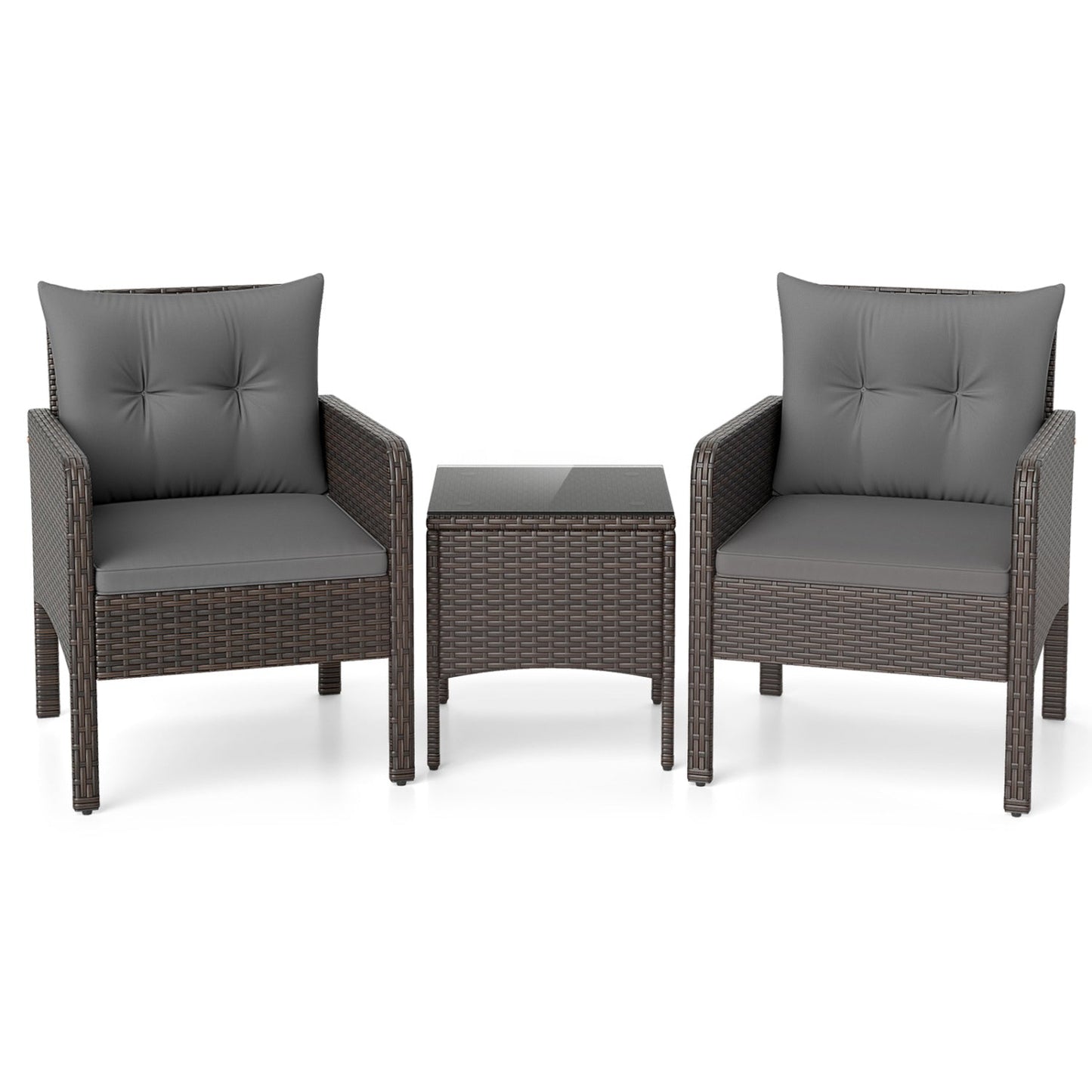 3 Pieces Patio PE Wicker Furniture Set with Cushions for Porch and Balcony