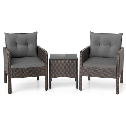 3 Pieces Patio PE Wicker Furniture Set with Cushions for Porch and Balcony