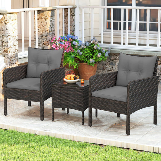 3 Pieces Patio PE Wicker Furniture Set with Cushions for Porch and Balcony - Tampa Home & Garden Store