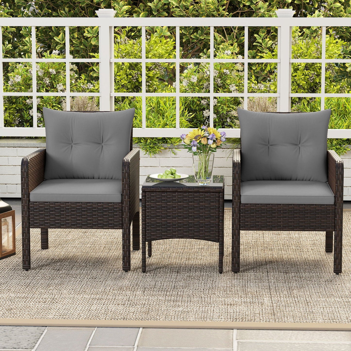 3 Pieces Patio PE Wicker Furniture Set with Cushions for Porch and Balcony