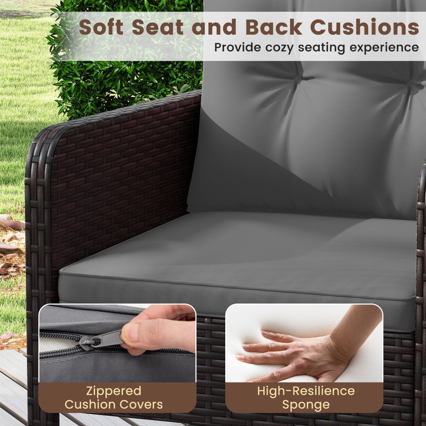 3 Pieces Patio PE Wicker Furniture Set with Cushions for Porch and Balcony
