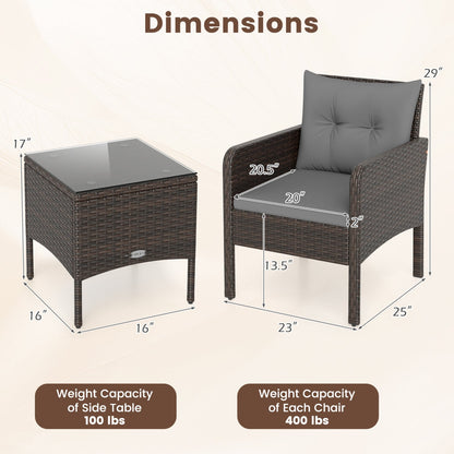 3 Pieces Patio PE Wicker Furniture Set with Cushions for Porch and Balcony