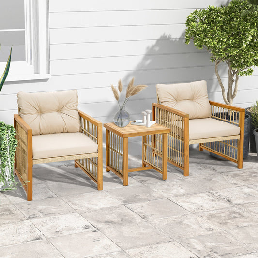 3 Pieces Patio PE Wicker Conversation Set with Acacia Wood Frame and Cushions-Beige - Tampa Home & Garden Store
