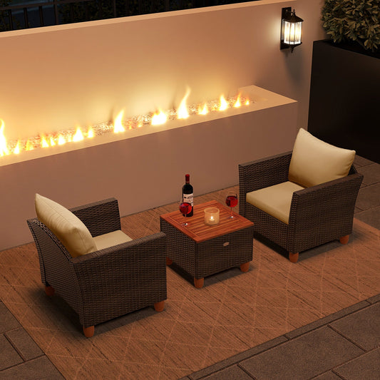 3 Pieces Patio PE Wicker Furniture Set with Cushions and Acacia Wood Storage Coffee Table-Beige - Tampa Home & Garden Store