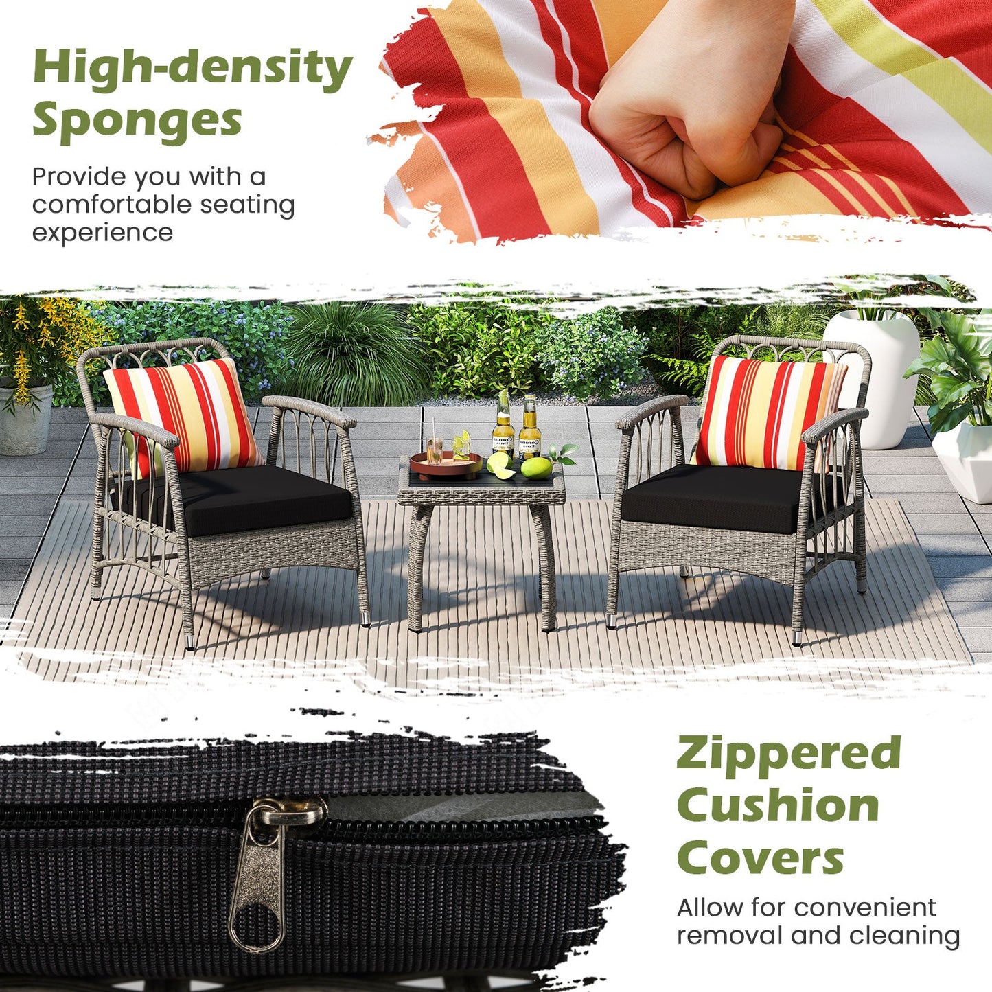 Juego de muebles de patio de mimbre de PE de 3 piezas con respaldo ajustable de 5 niveles - Gris