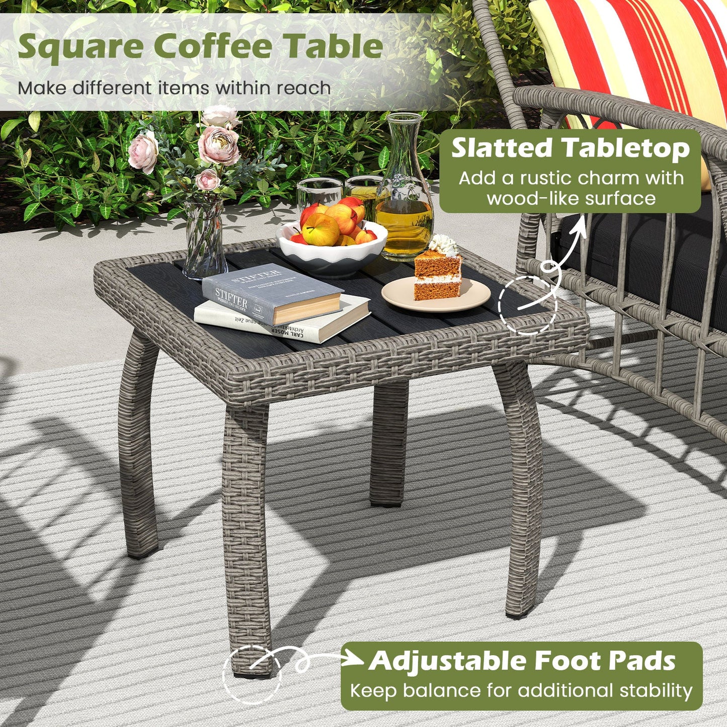 Juego de muebles de patio de mimbre de PE de 3 piezas con respaldo ajustable de 5 niveles - Gris